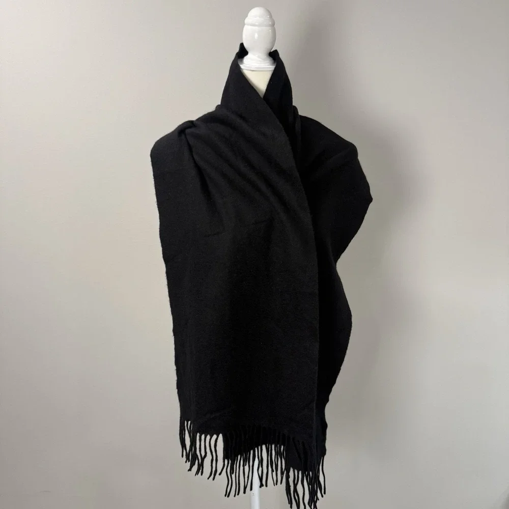 Portolano 100% Cashmere Scarf Black Fringe Soft Winter  Luxury Solid